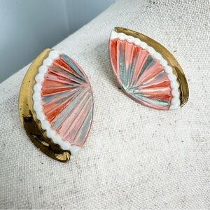 Vintage Hand Painted Gold White Pink Sea Shell Pierced Earrings Handmade Coastal